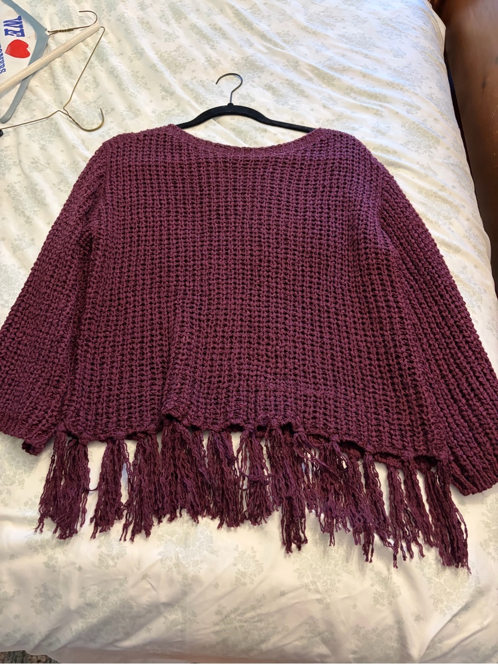 Altar'd State Wine Fringed Open-Knit Sweater
